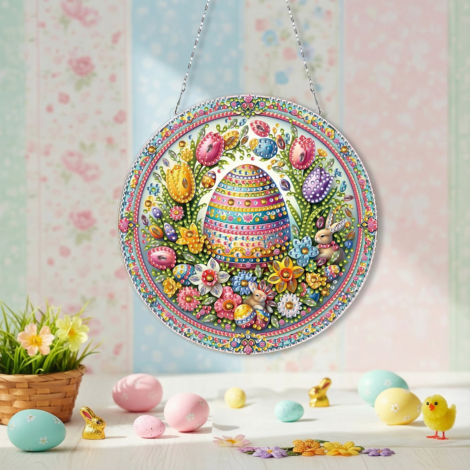 FLOPESN Circular Traditional-Style DIY Diamond Art Painting Pendant Easter Creative Design PET Material Home Decor Pendant