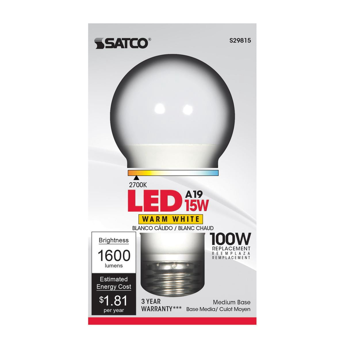 Satco S29815 15W A19 LED Bulb, E26 Medium Base, Frosted, 2700K, 120V, Dimmable, 6 Pack