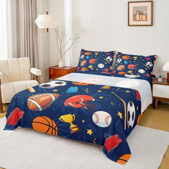 Feelyou Cartoon Soccer Rugby Twin Sheet Sets, Football Athlete Helmet Twin Fitted Sheet, Basketball Sports Flat Sheet, Luxury Bedroom Decor, 3 Pieces