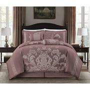 Chezmoi Collection Royal Luxury Jacquard Floral Comforter Set, Full, Woodrose/Gray, 7-Piece