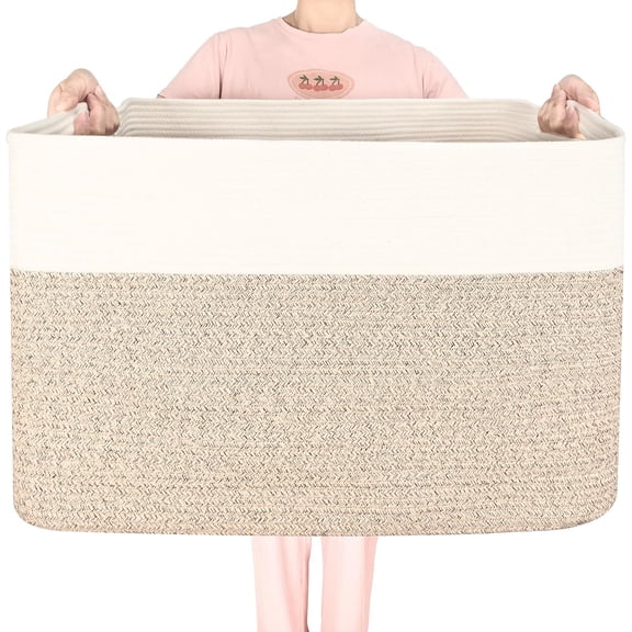 112L Extra Large Blanket Basket Holder Living Room, 25"x17"x16" Rectangle Rope Woven Storage Basket with Handles for Laundry, Pool Towels, Shoes, Dog Toy Organizer Bin Box, Light Brown