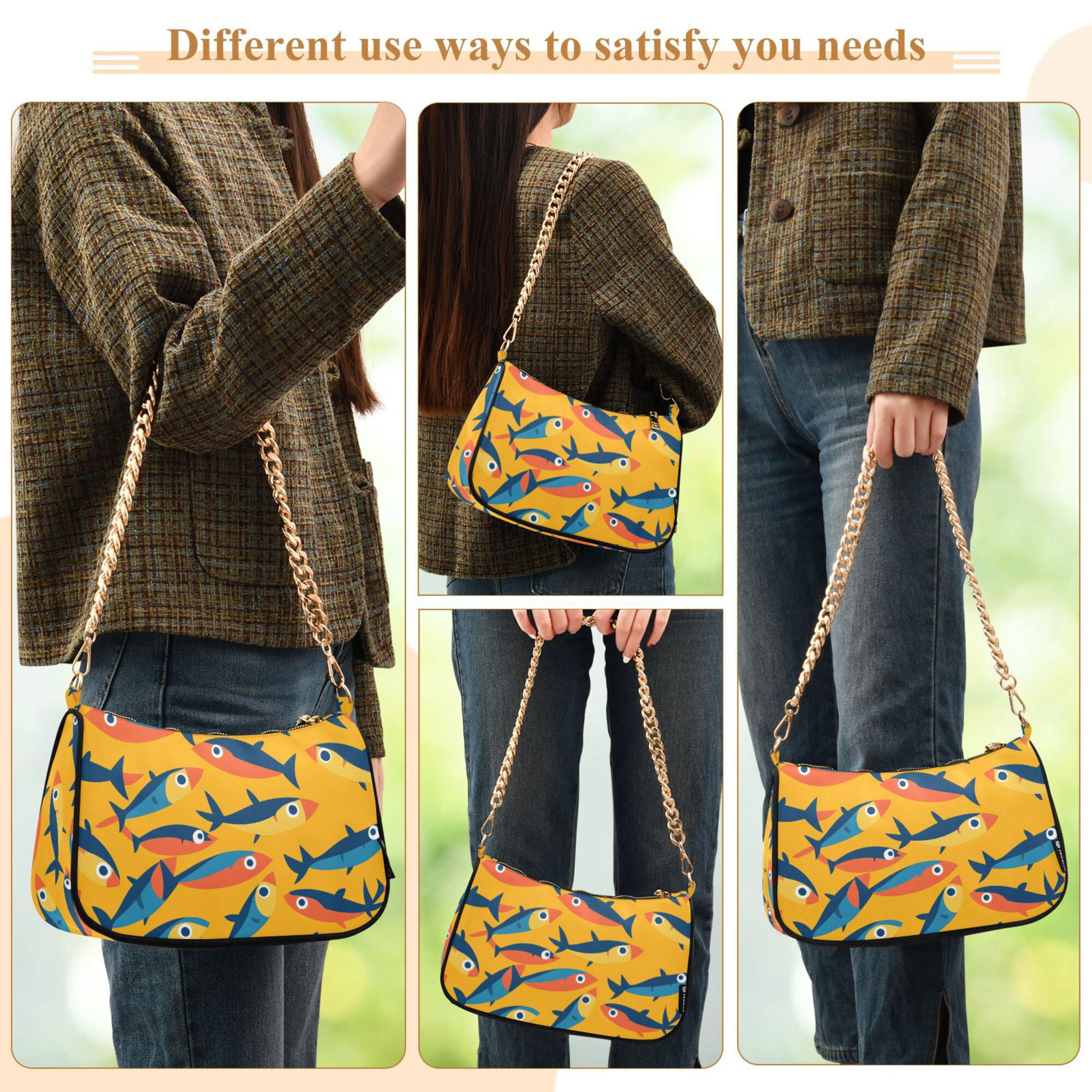 FORMRS Womens Shoulder Bag with Chain Strap Clutch Purse Cute Tote Handbag, Yellow Sardines Pattern