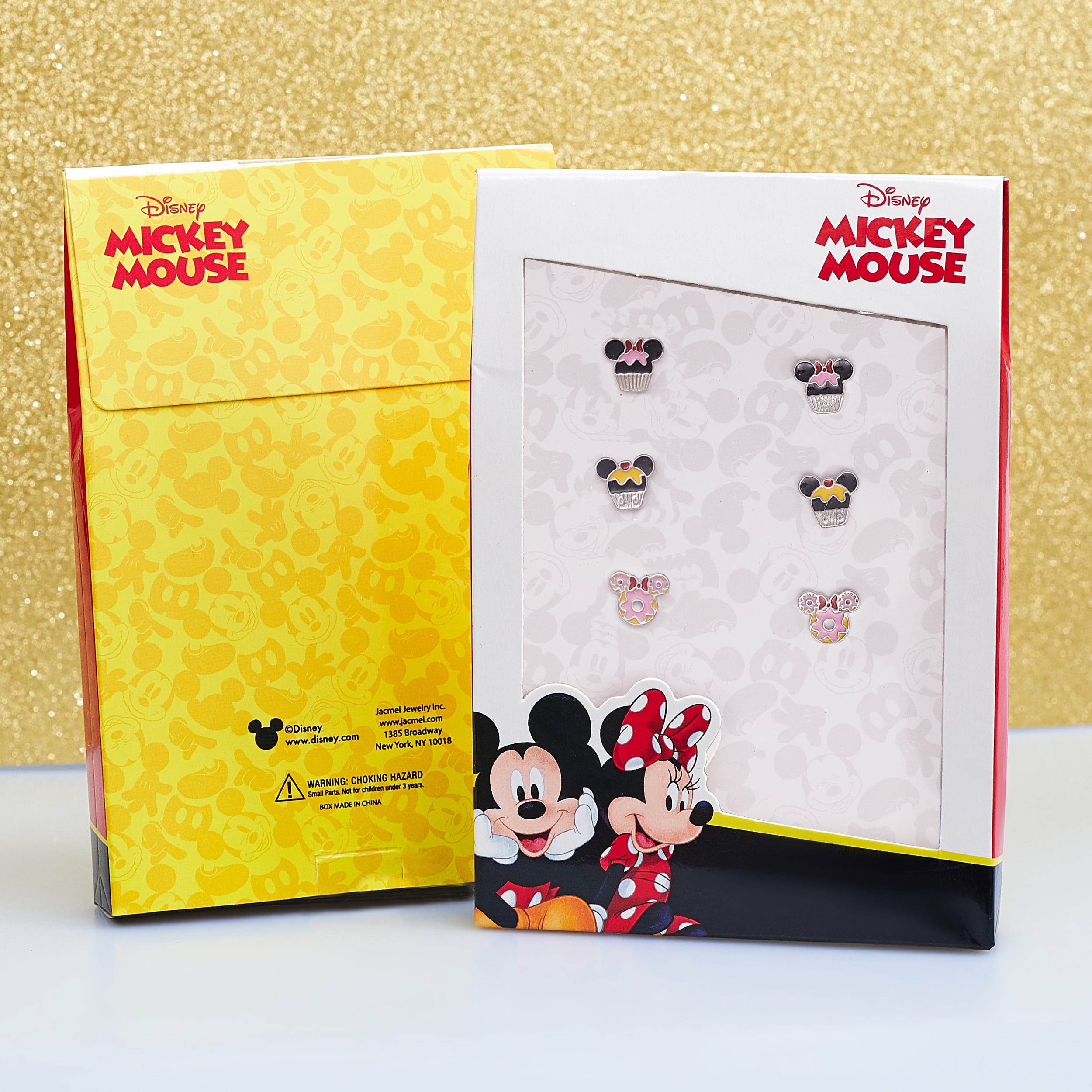 Disney Mickey and Minnie Mouse Fashion Stud Earring - Cupcakes and Donut, Silver/Pink - 3 pairs
