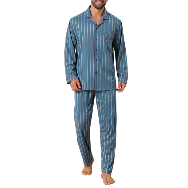 INSPIRAR CHIC Conjunto de Pijamas de 2 Piezas de Manga Larga con Botones y Bolsillo en Patrón para Hombre L Azul Caqui