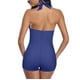 thumbnail image 2 of Traje de baño de una pieza Prolriy para mujer, nuevo traje de baño de 2024, multicolor, con tirantes, sin espalda, liso, conservador, grande, con estampado de plantas tropicales, azul, talla M, 2 of 5