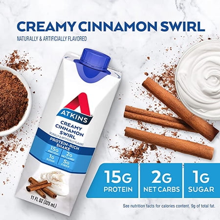 ATKINS PROTEIN SHAKE, LOW GLYCEMIC, HIGH PROTEIN, CREAMY CINNAMON SWIRL, 4 COUNT