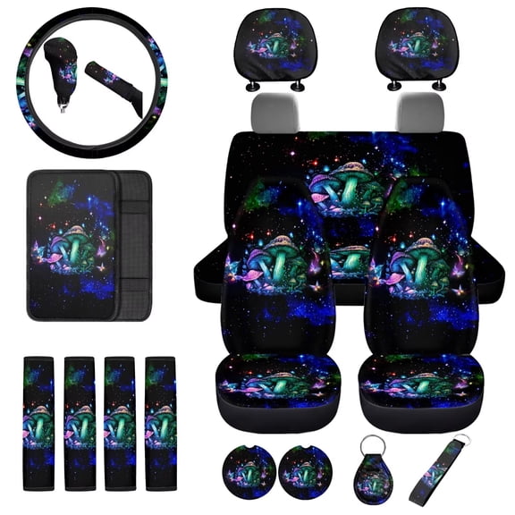 Uorisanigo Aesthetic Hippy Mushroom Auto Seat Covers for Cars with Seatbelt Shoulder Pad Coasters Steering Cover Headrest Cushion Shift Knob Handbrake Grip Protector Armrest Cover Key Chains,18 Pack