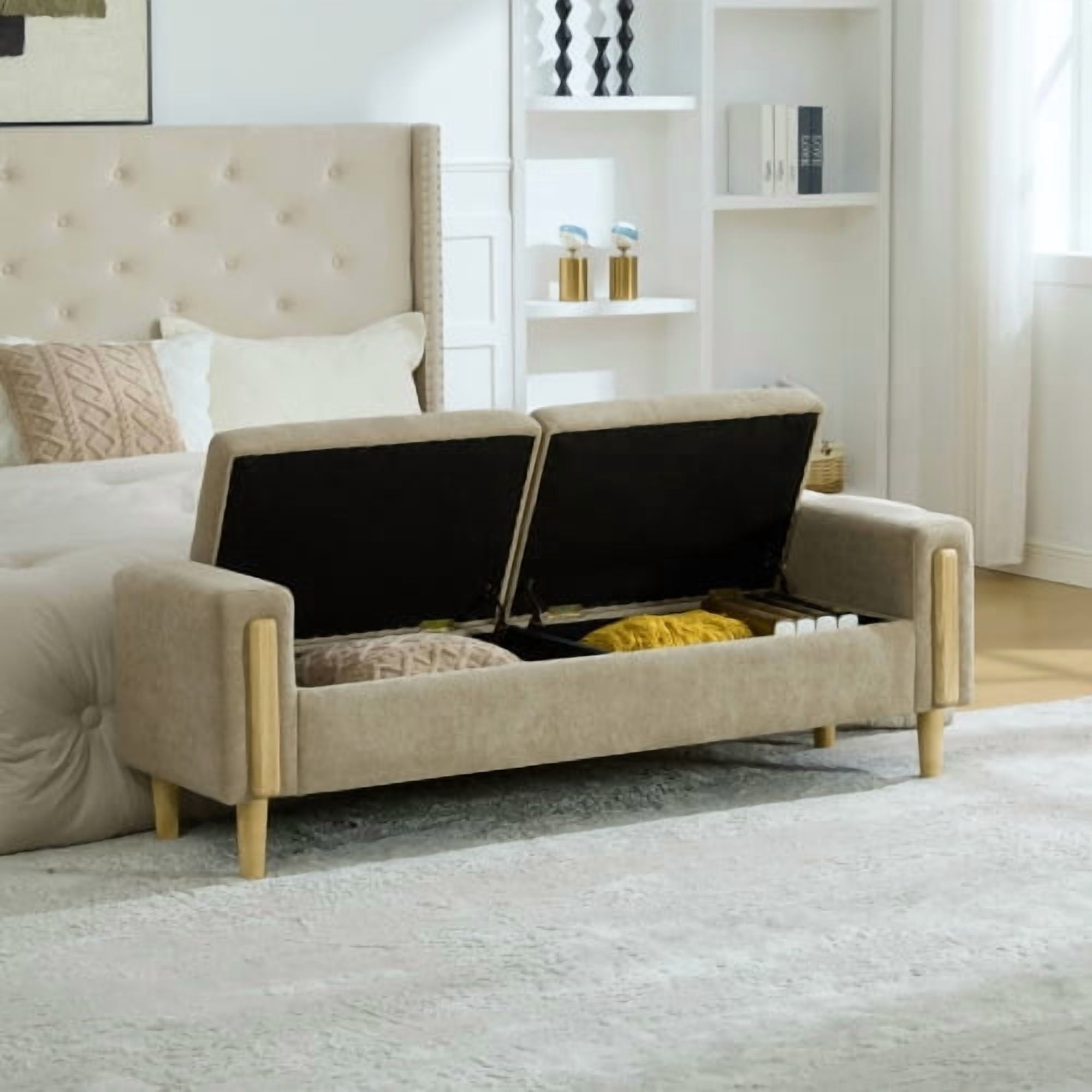 65.67" Wide Modern Upholstered Storage Bench with Double Lids and Armrest, Chenille Fabric, Rubberwood Legs, for Living Room, Entryway, Bedroom, Dormitory, Greige