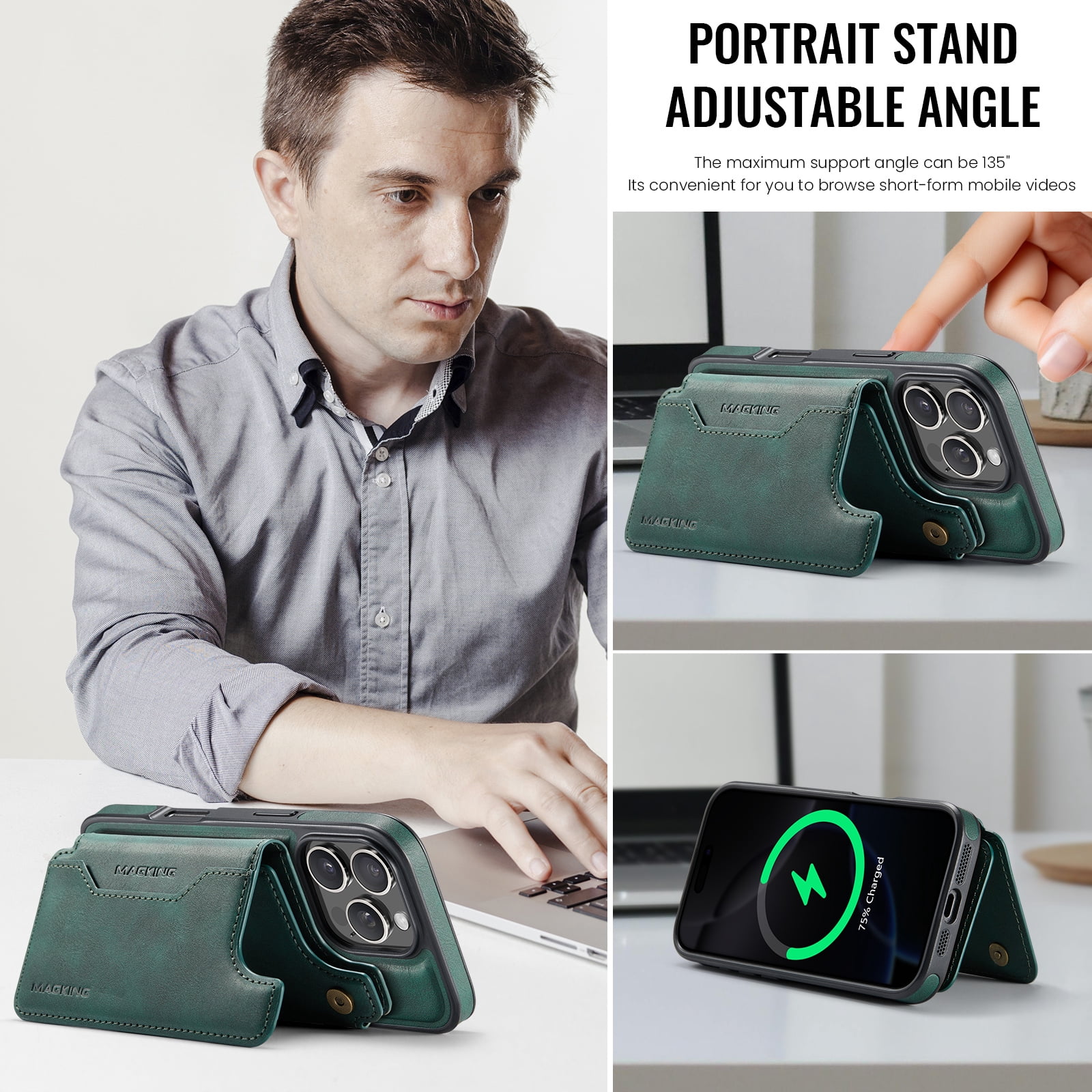 Designed for iPhone 16 Pro Max Wallet Phone Case,Magnetic Detachable Flip Card Holder,Back Flip Kickstand,Compatible with Mag-Safe,2-in-1 PU Leather Heavy Duty Shockproof Phone Case,Green