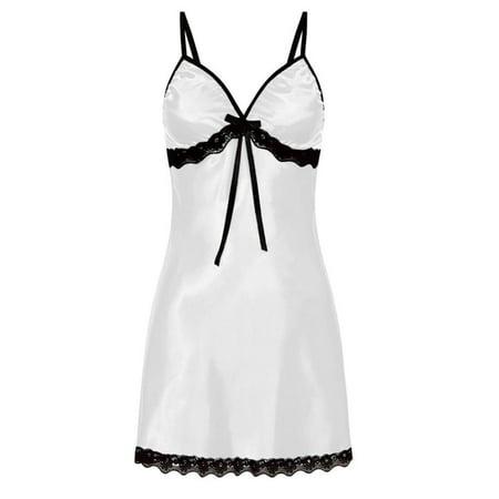 

Amuver Women’s Sexy 2PCS Lingerie Set Patchwork Lace Front Chest Bow Deep V-Neck Pajama Dress Cozy Thong Summer Sleepwears Set