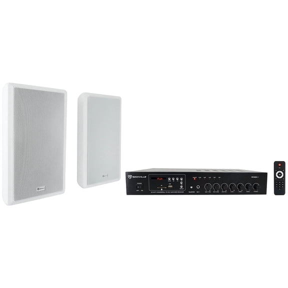 Rockville Commercial 70v Amplifier Slim White Restaurant/Bar/Cafe Wall Speakers