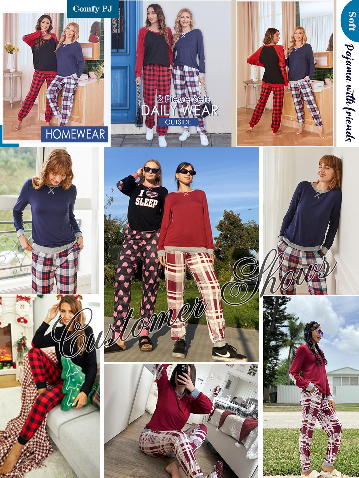 KISSGAL Women Pajama Sets with Pocket Comfy Long Sleeve Pajama with Plaid Jogger Pants Lounge Sets Crew Neck Soft Christmas Sleepwear