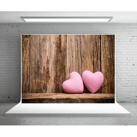 HelloDecor 7x5ft Brown Wood Photo Background Pink Heart Valentine's Day Photography Backdrops for Photo Booth Props