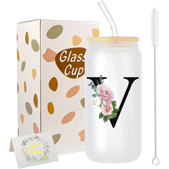 Personalized Gifts for Women,16 oz Custom Mug, Monogrammed Initial Glass Cups with and Straws, Cute Glass Coffee Tumbler, Custom Gifts for Women, Teacher, (V)