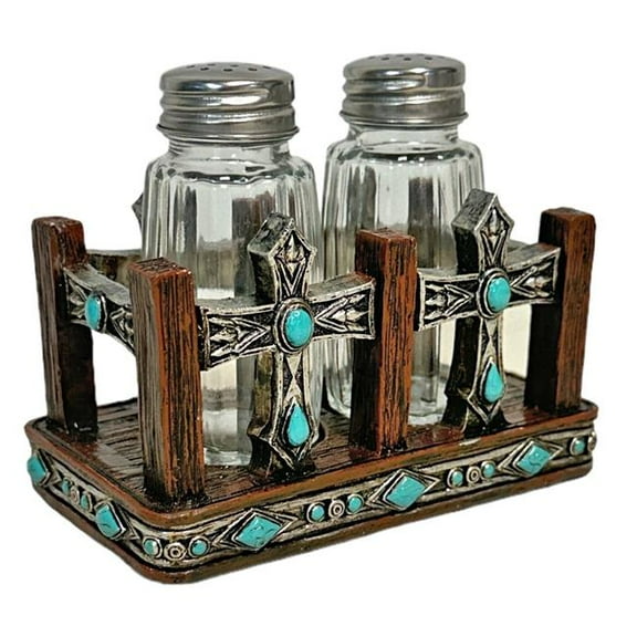 De Leon Collections 14884 Polyresin Turquoise Dot Stones with Metal Concho Twin Cross Salt and Pepper Shaker Holder Set