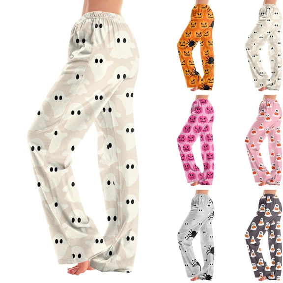 Women's Halloween Pajama Pants Loose Fit Sleepwear Lounge Bottoms with Fun Print, Cozy Comfy Pajama Bottoms for Home Party Sleep Beige L