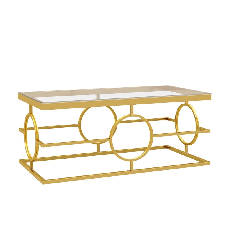Glass Top Coffee End Table with Gold Metal Frame, Rectangular Storage Center Cocktail Table with Geometric Circle Base