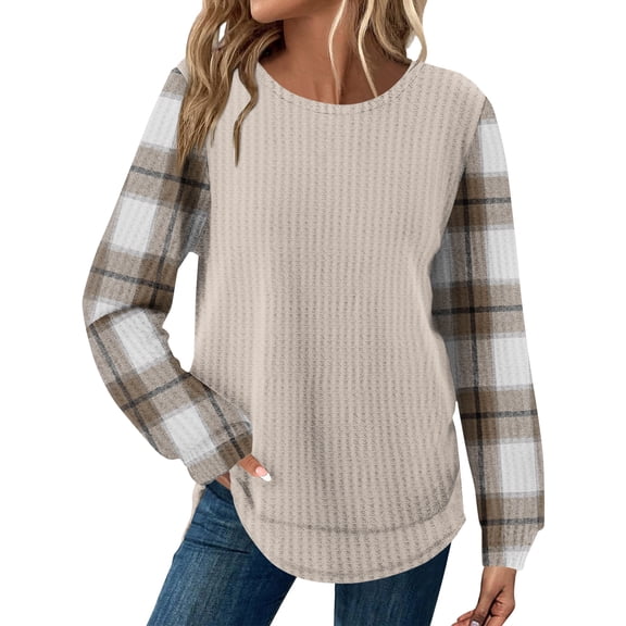 Kixjoy Tunic Tops for Women Long Sleeve Oversized Waffle Knit Fashion Tunic Top Plaid Cozy Loose Fit Shirt Casual Winter Outfit for Women, Camel S