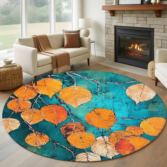 Orange Leaf Round Area Rug 5 FT, Non Slip Bedroom Rugs, Abstract Oil Painting Branch Turquoise Washable Soft Circular Carpet Non-Shedding Floor Mat for Kitchen Dining Room Foyer Balcony Dorm