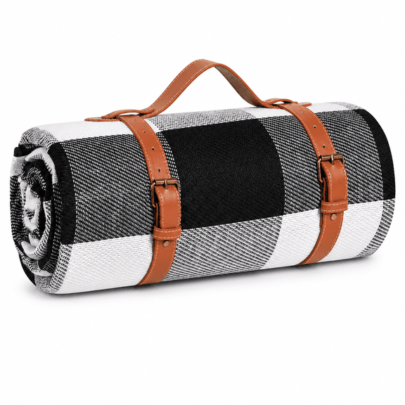80"x 60" Picnic Blanket Extra Large Waterproof Beach (black & White Grids)