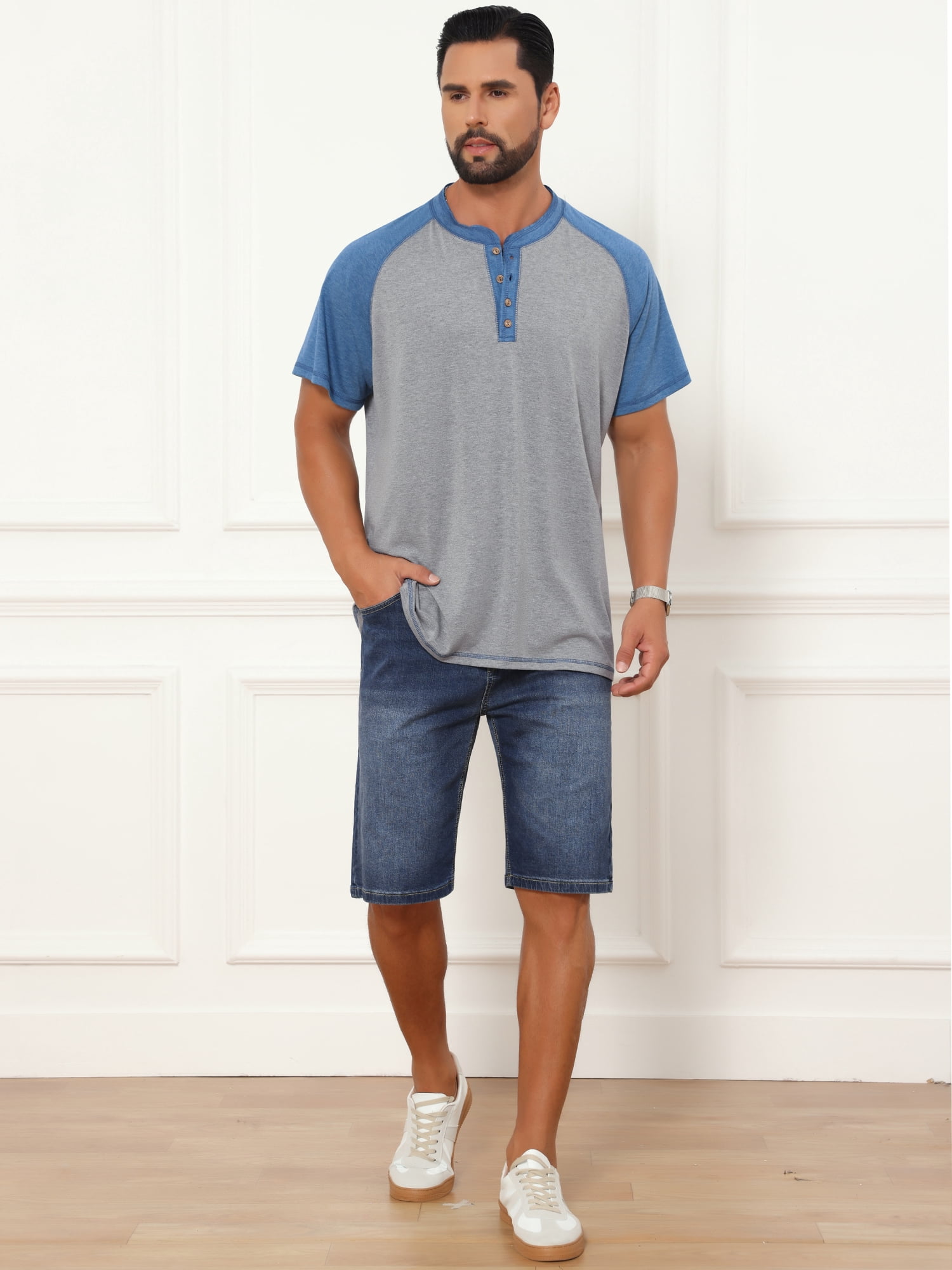 DARING DIVA Men's Raglan Henley Retro Short Sleeve Button Down T-Shirt L Light Gray