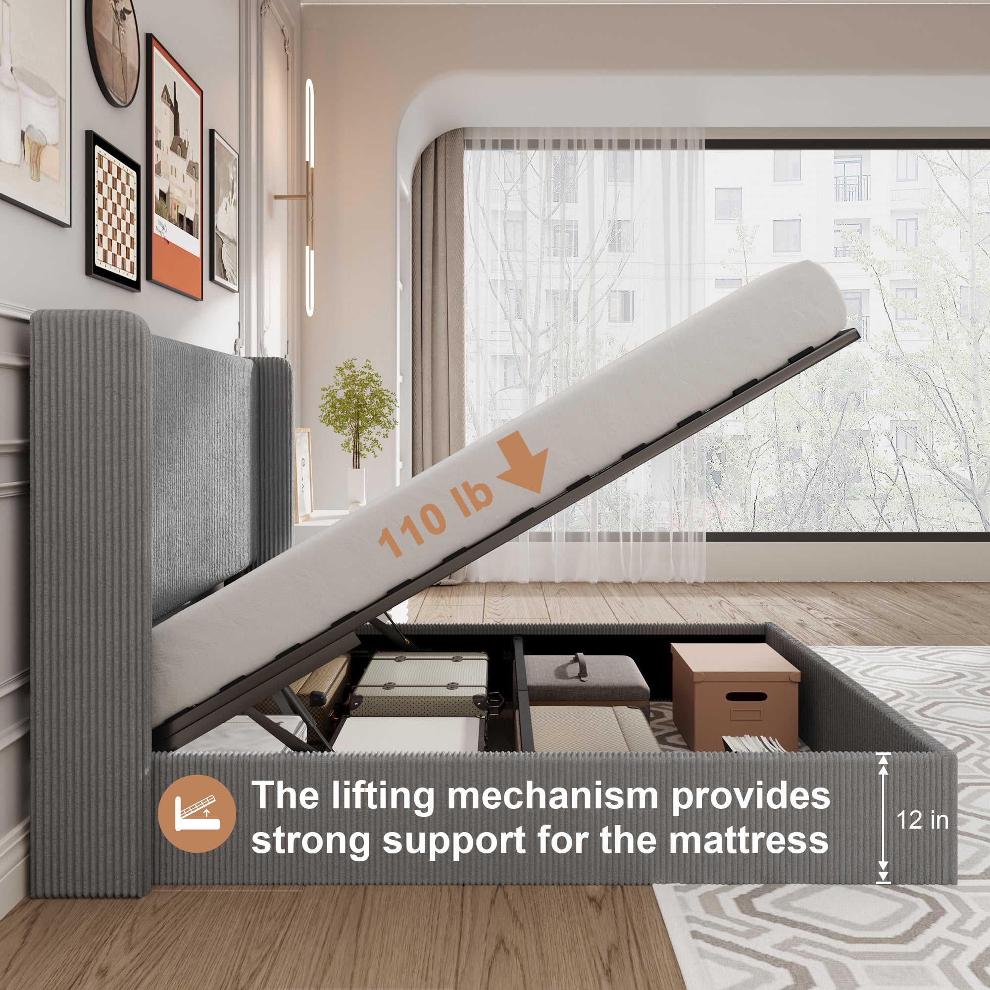 Amolife Full size Hydraulic Lift Storage Bed Frame with Wingback Headboard, Corduroy Upholstery, Gray