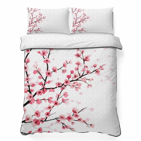 King Quilt Bedding Set, Spring Pink Floral Cherry Blossoms 3 Piece Bedding Set Lightweight Breathable Quilt with 2 Pillow Shams, Japanese Flowers Soft Microfiber Summer Comforter for Hot Sleepers