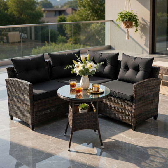 GVN Backyard Furniture Sets,Outdoor Furniture Sets,4 Pieces Outdoor Cushioned Rattan Furniture Set-Black