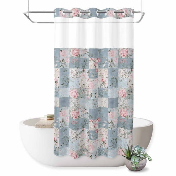 No Hook Shower Curtain, Blue Pink Botanical Shower Curtains for Bathroom with See Through Top Window, Spring Floral Vintage Waterproof & Washable Bath Curtain Stand Up Stall 36"x72"