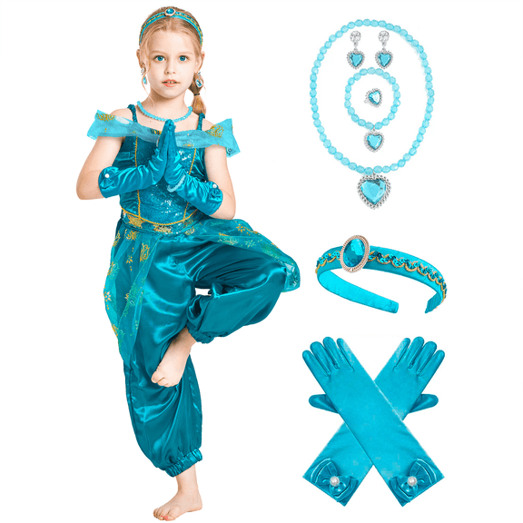 Girls Princess Costume, Arabian 7 Pcs Dress Up Jumpsuit Outfit for Little Kids Party Birthday 3-4 Years