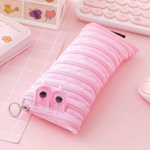 Estuche con cremallera para lápices con forma de oruga para niños, bonito estuche para guardar útiles escolares, estuche portátil con cremallera para niños, estuche rosa con oruga