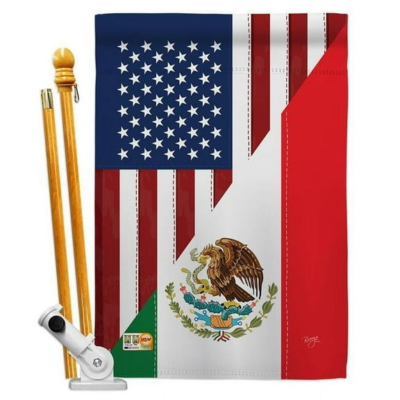 Breeze Decor BD-FS-HS-108205-IP-BO-D-US14-BD 28 x 40 in. US Mexico Friendship Flags of the World Impressions Decorative Vertical Double Sided House Flag Set with Pole Bracket Hardware