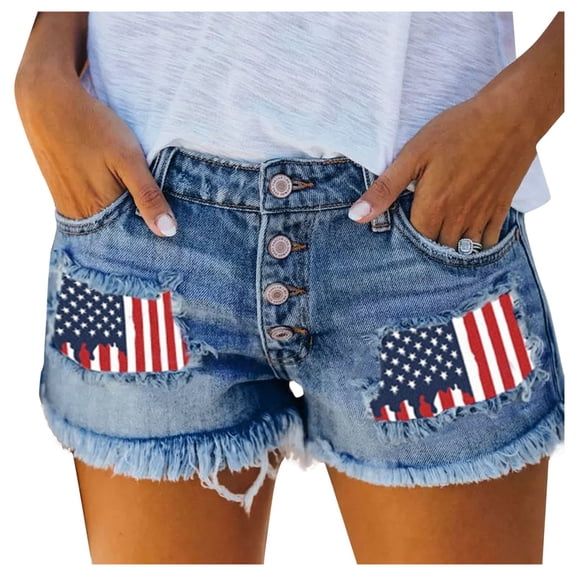 Women's Ripped American Flag Printed Denim Shorts High Waisted Frayed Hem Casual Jeans Shorts