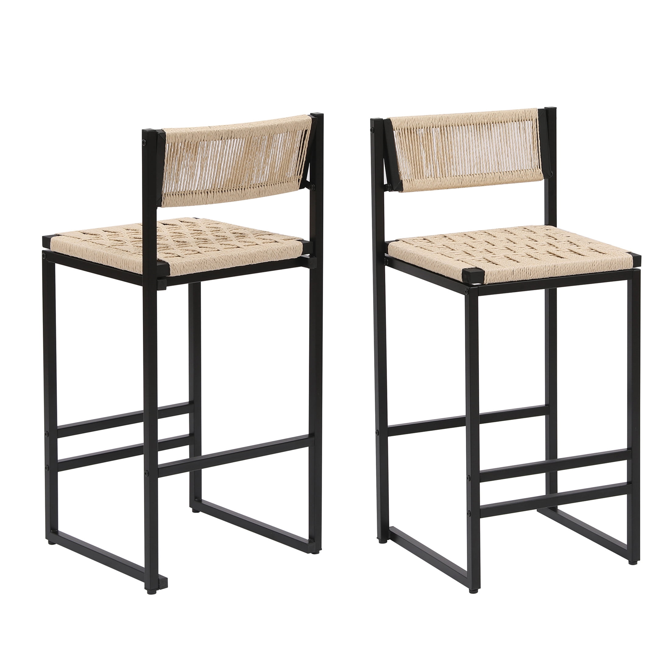 Noble House Paper Rope Bar Stools Set of 2 with Metal Frame & Footrest, Counter Height Chairs, Creamy White