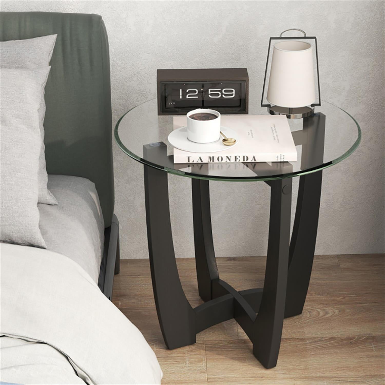 Demi Bonn Round Sofa Side Table, End Table with Tempered Glass Tabletop, for Small Spaces, Living Room, Bedroom, Black
