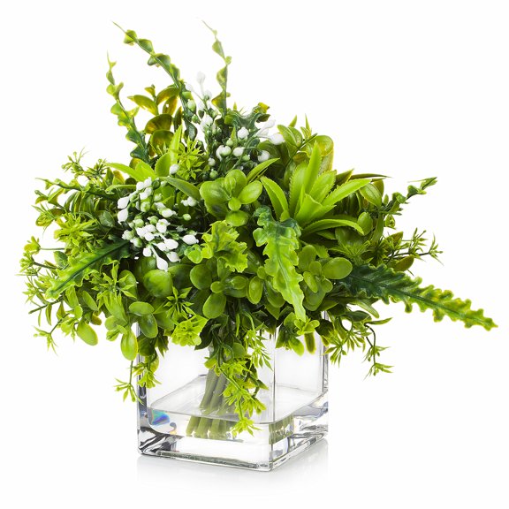 Enova Home Artificial Mixed Greenery Foliage Plant in Cube Glass Vase