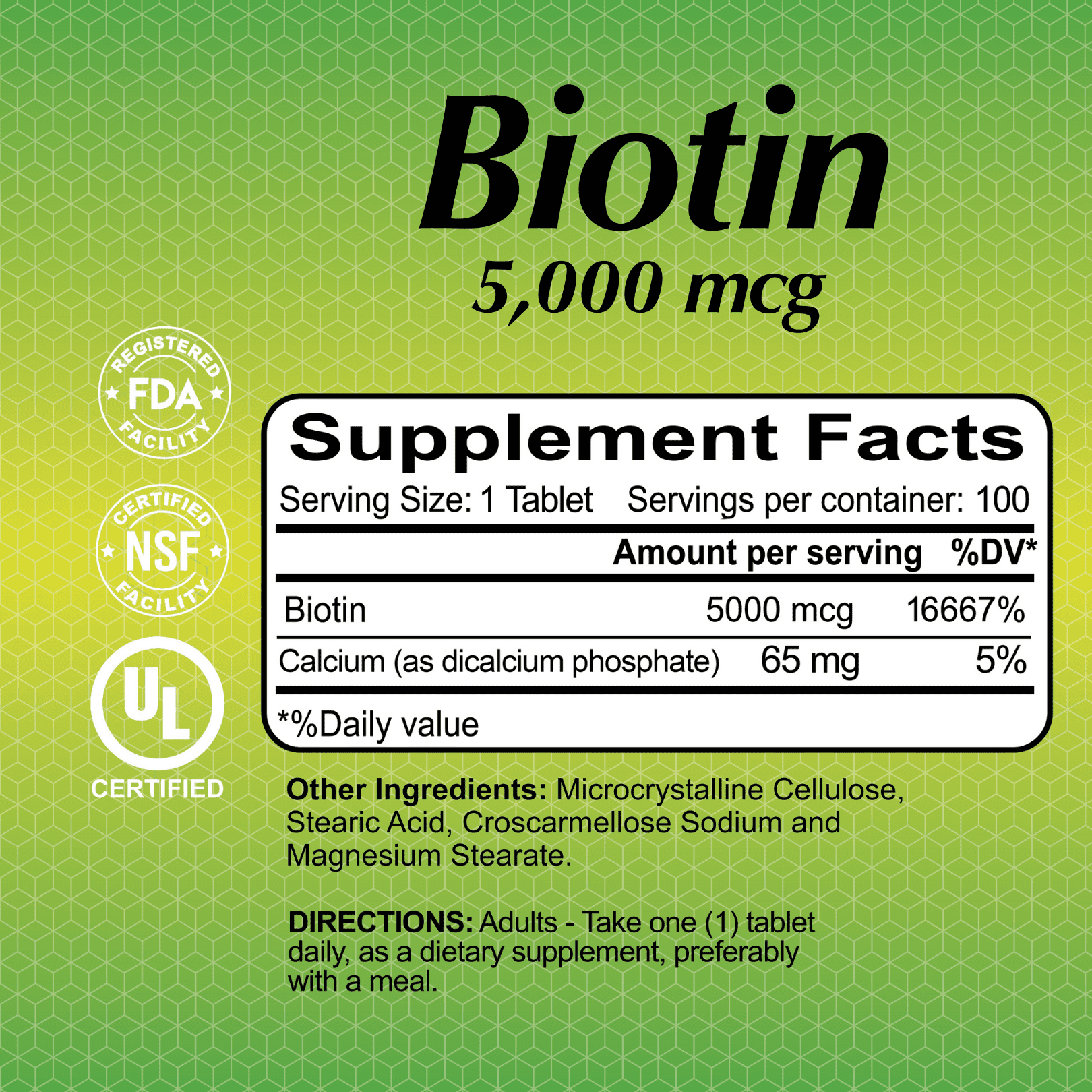 Alfa Vitamins Biotin 5000 Mcg, 100 Tablets