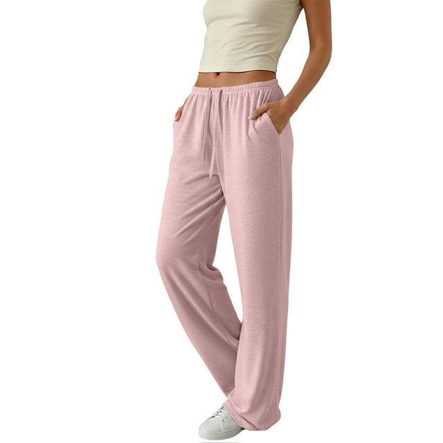 Qtocio Womens Sleep Pants,Solid Color Elastic Waist Home Pants Casual Straight Leg Bottoms with Side Pockets