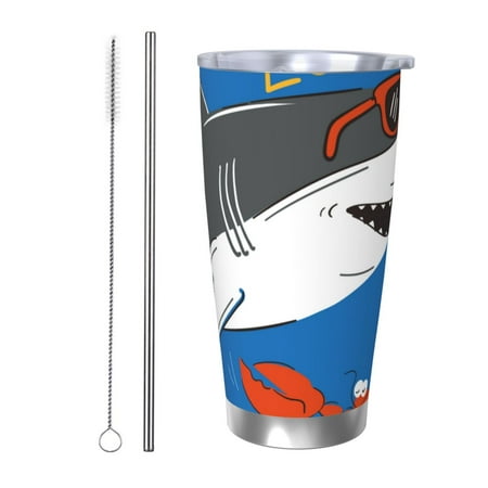 

Ocsxa Shark With Sunglasses and Lobste Pattern 20oz Travel Coffee Mug with Flip Lid Stainless Steel Insulated Insulated Coffee Mug Thermal Cup with Splash Proof Sliding Lid-Straw Two-piece Set