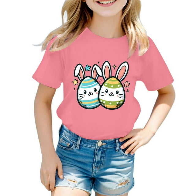 XDZJLR T-Shirts Filles Enfants Été Imprimé Mignon Pâques Manches Courtes Col Rond Vêtements Décontractés 4-5 Ans