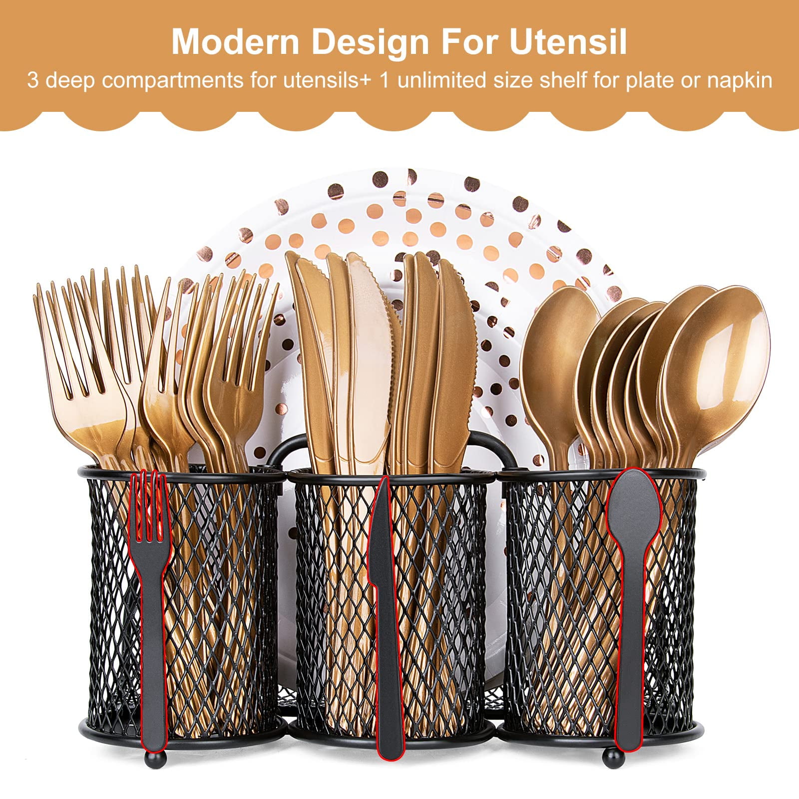 Metal Utensil Caddy Silverware Organizer, Utensil Holder Cutlery Caddy, Flatware Spoon Fork Storage for Outdoor Party Camping Picnic Buffet RV BBQ Farmhouse Kitchen Countertop (Black)