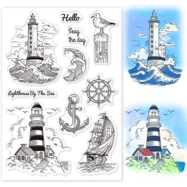 Sellos transparentes de silicona con diseño de faro, velero y gaviota, con ancla, brújula y motivos náuticos.