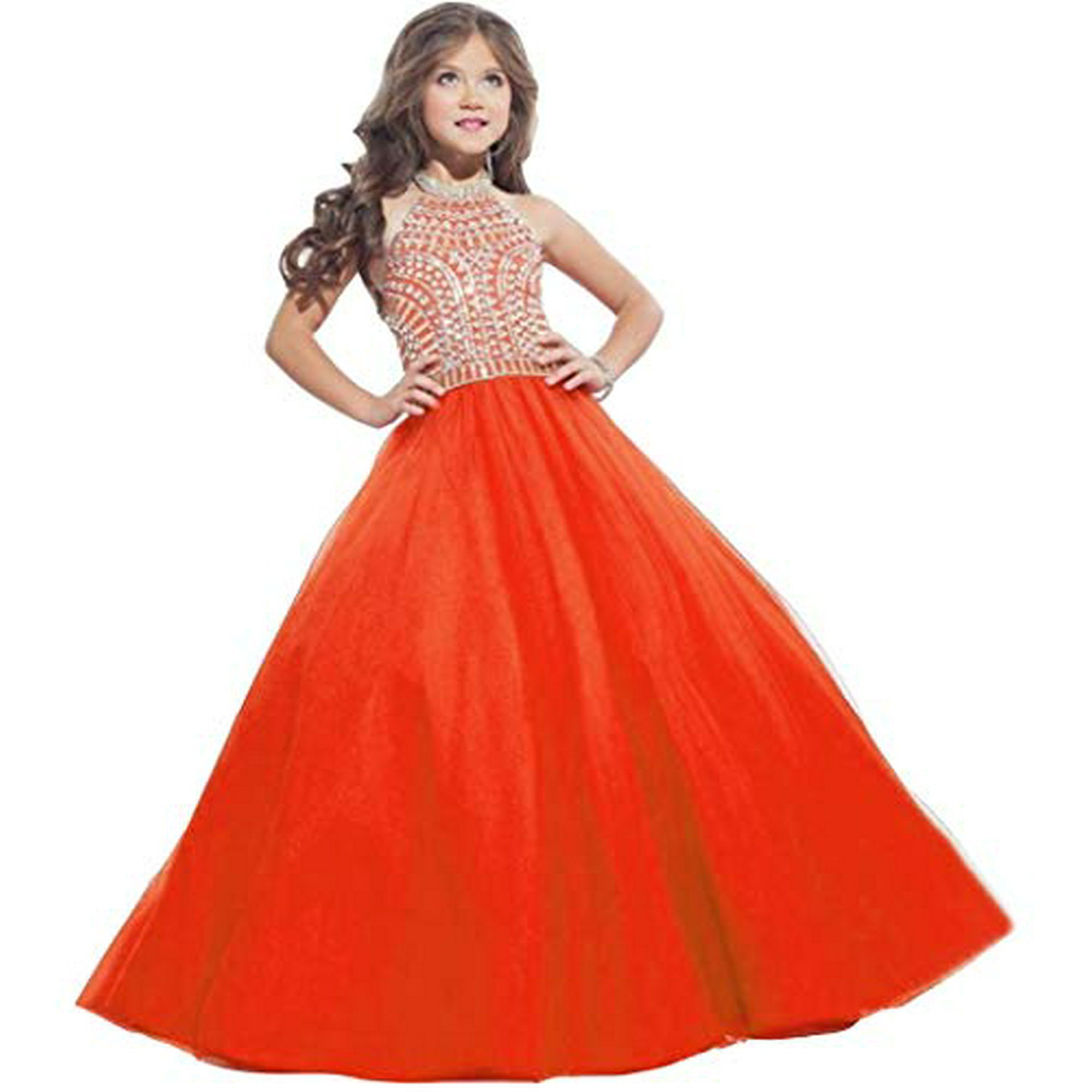 Emmani Girl s Ball Gown Girls Pageant Dresses Halter Crystal Tulle Toddler Little Girls Pageant Dresses Orange Red