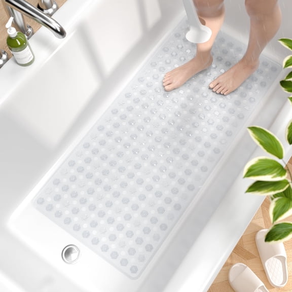 HITSLAM Bath Tub Shower Mat,35"x16" Washable Bathtub Mats,Suction Cups and Drain Holes to Keep Tubs Clean,Clear