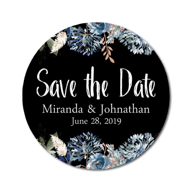 Darling Souvenir Round 45 Pcs Floral Border Save The Date Stickers Wedding Personalized Bride Groom Names And Date Envelope Seals - Black