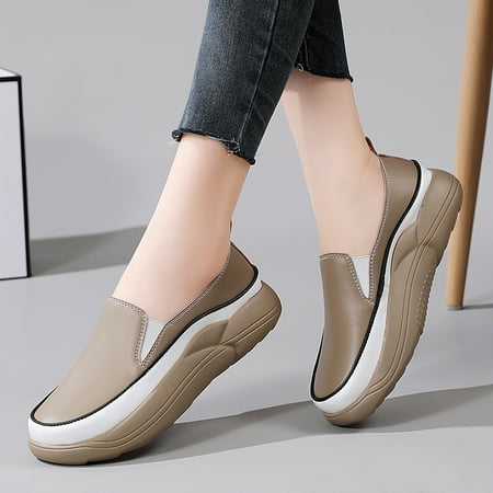 

Contrast Trim Round Toe Comfortable Walking Shoes Lightweight Solid Color Faux Leather Flat Shoes Women‘s Footwear