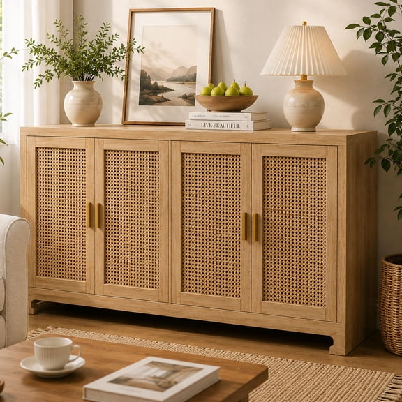 60" Rattan Buffet Cabinet – 4-Door Farmhouse Storage Sideboard with Adjustable Shelves for Dining Room & Entryway, Natural