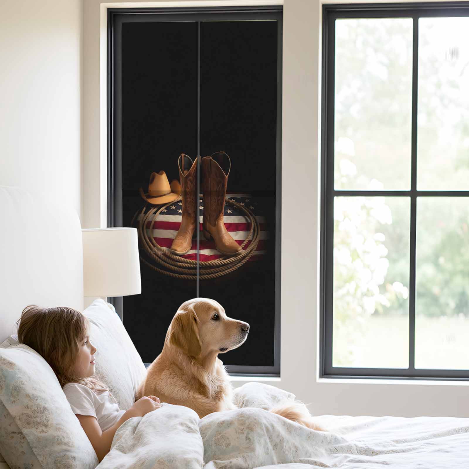 Western Cowboy Window Privacy Film, Rustic Cowboy Boots Hats USA Flag Retro Rope Frosted Glass Window Clings Static Cling UV Heat Blocking Reusable Door Sticker for Bathroom 23.6 x 59 Inch