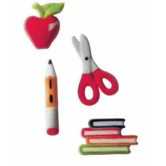 24pk School 1 1/2" - 2 1/8" Edible Sugar Decoration Toppers for Cakes Cupcakes Cake Pops w. Edible Sparkle Flakes & Decorating Stickers