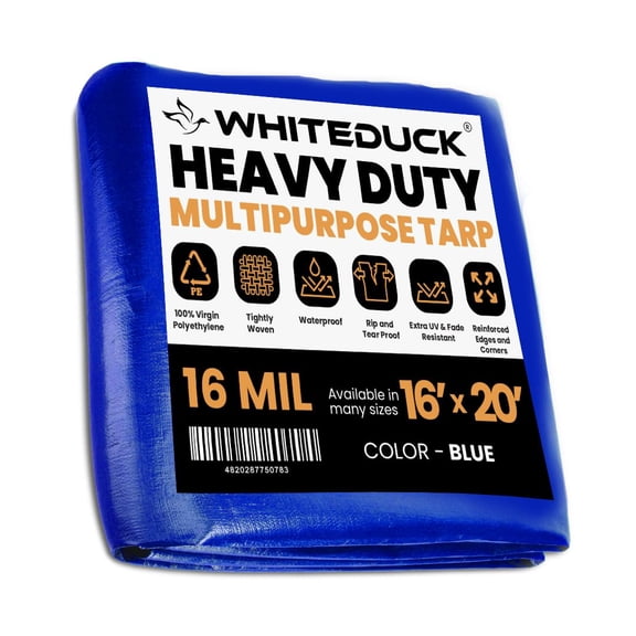 WHITEDUCK 16' x 20' Super Heavy Duty Poly Tarp Thick 16 Mil, Waterproof 100% UV Resistant Rip/Tear Proof Tarp w/Rustproof Grommets & Reinforced Edges (Blue,16 mil Finished Size: 15'6"x19'6")